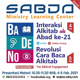 Kemajuan teknologi merevolusi cara kita berinteraksi dengan firman Tuhan. Salah satunya, dengan BaDeNo! Yuk ikuti sharing tim Biblical Engagement yang akan membahas tentang BaDeNo, dalam SABDA Ministry Learning Center.
Pendaftaran: 
WA: 082133133315/live@sabda.org. Gratis!