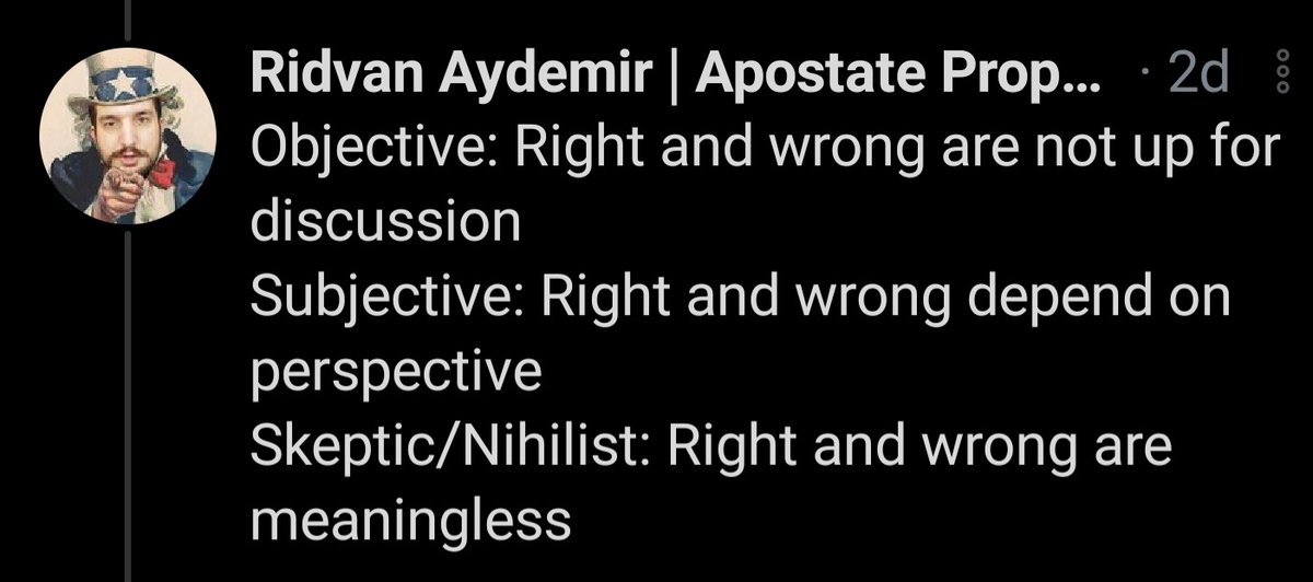 And here he said nihilism is a third morality when in reality it's subjective. No surprise he didn't say what it is during Hijab debate otherwise he would be embarrassed that's why he refuses to debate about morality/philosophy with hijab. 2/5