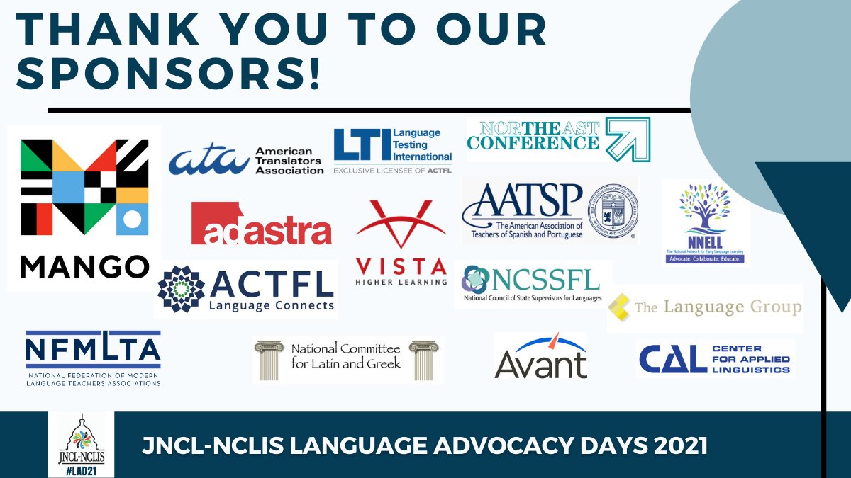 #LAD21 is made possible by the support from our generous sponsors!
#lad21 <a href="/MangoLanguages/">Mango Languages</a> <a href="/atanet/">American Translators Association</a> <a href="/LTILanguageTest/">Language Testing International, Inc.</a> @NECTFL1 <a href="/AdAstraInc/">Ad Astra, Inc.</a> <a href="/VHLPreK12/">Vista Higher Learning Pre-K-12</a> <a href="/AATSPglobal/">AATSP</a> <a href="/EarlyLang/">NNELL</a> <a href="/actfl/">ACTFL</a> <a href="/NCSSFL/">NCSSFL</a> @natfedmodlang <a href="/MarkEtingTheLa1/">The Language Group</a> <a href="/AvantAssessment/">Avant, The Language Proficiency Company</a> <a href="/CAL_Linguistics/">Center for Applied Linguistics (CAL)</a>
