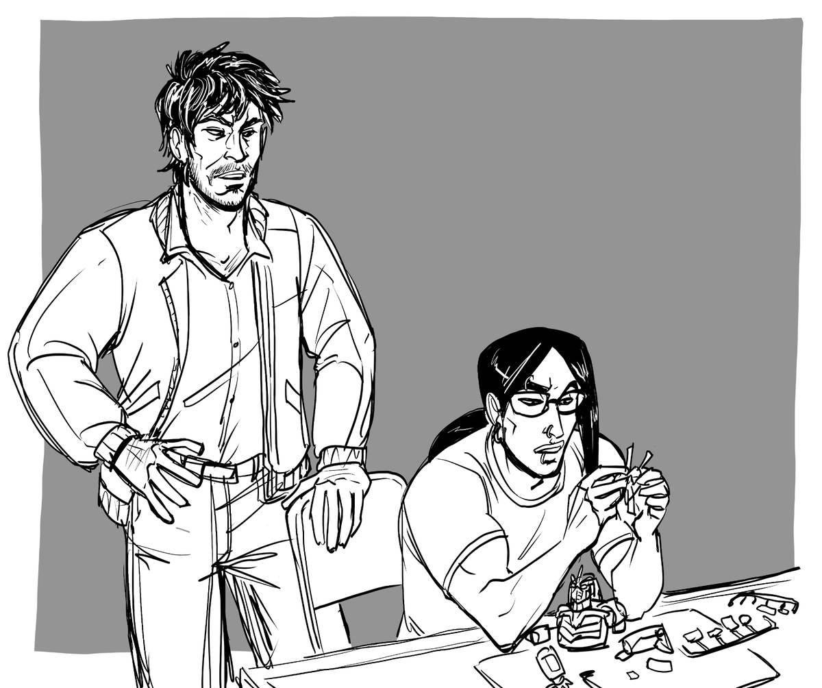 20-ish Gray being annoyed his dad's too-little-too-late attempts at bonding are distracting him from his Gundams. 