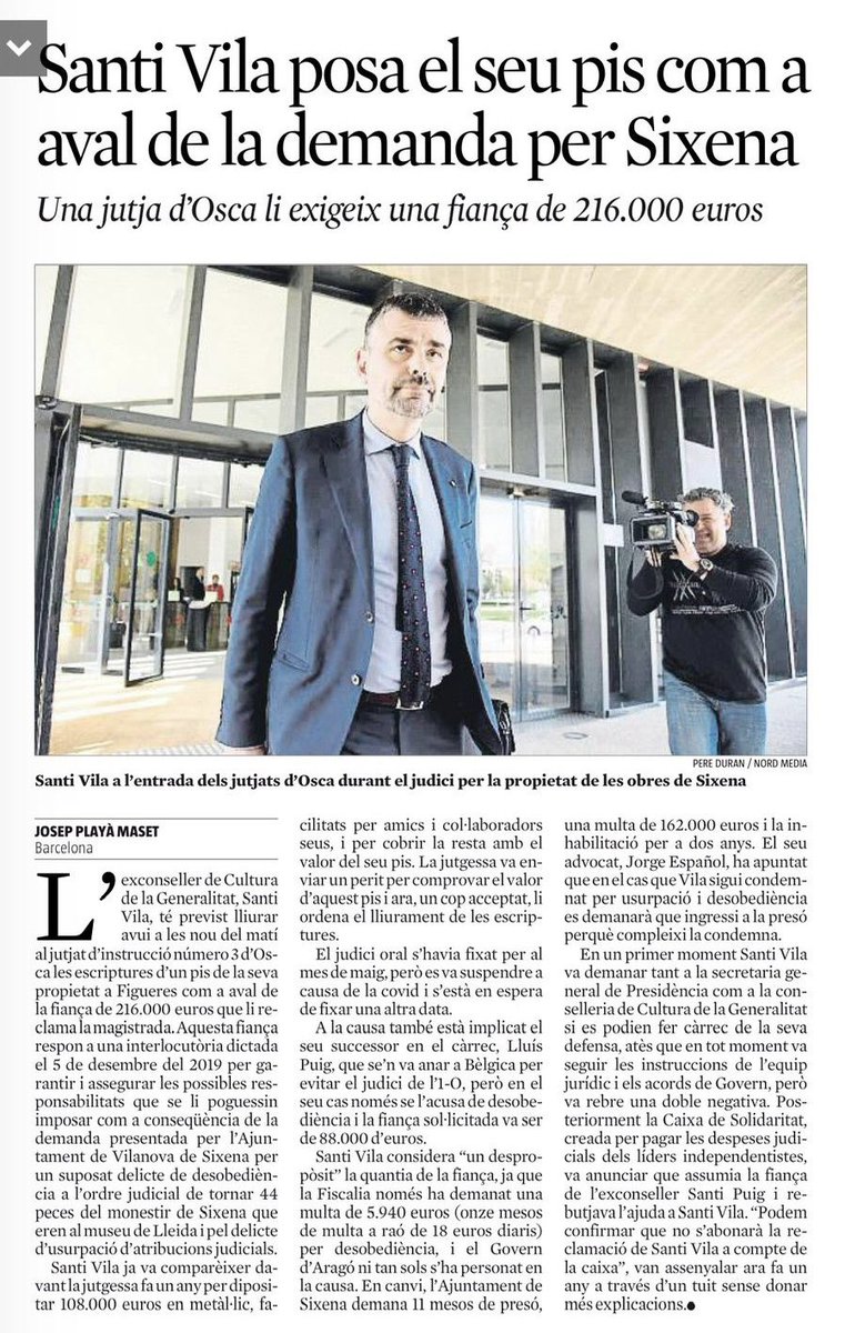 QuimTorrent's tweet photo. Que el @govern i els partits que li donen suport abandonin als jutjats d’Osca un conseller, que va defensar les obres de Sixena amb l’aval dels serveis jurídics de la Generalitat, demostra la degradació moral de l’independentisme. Menys lliçons i més defensa de l’autogovern! https://t.co/qSdiJluTSj