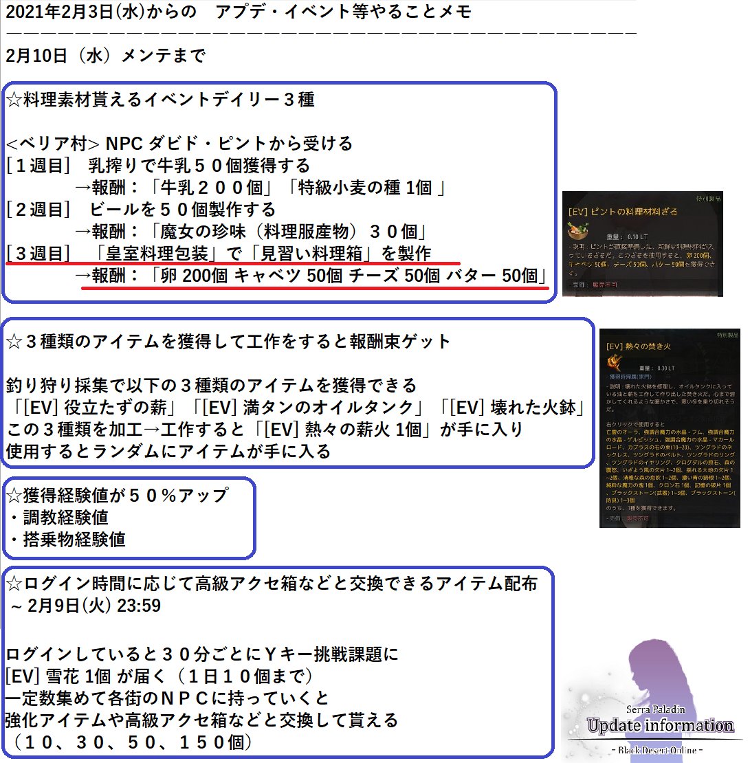 セラの聖騎士 黒い砂漠pc A Twitter 2月3日のアプデ イベント 仕様変更まとめ 今週も盆栽期間です イベントはそれなりにあるけど面倒なものは無し チョコ関係や冒険日誌は期限までにやっておきましょう ﾟ ﾟ そういえば一応馬レース新コースが スキル特化は初期