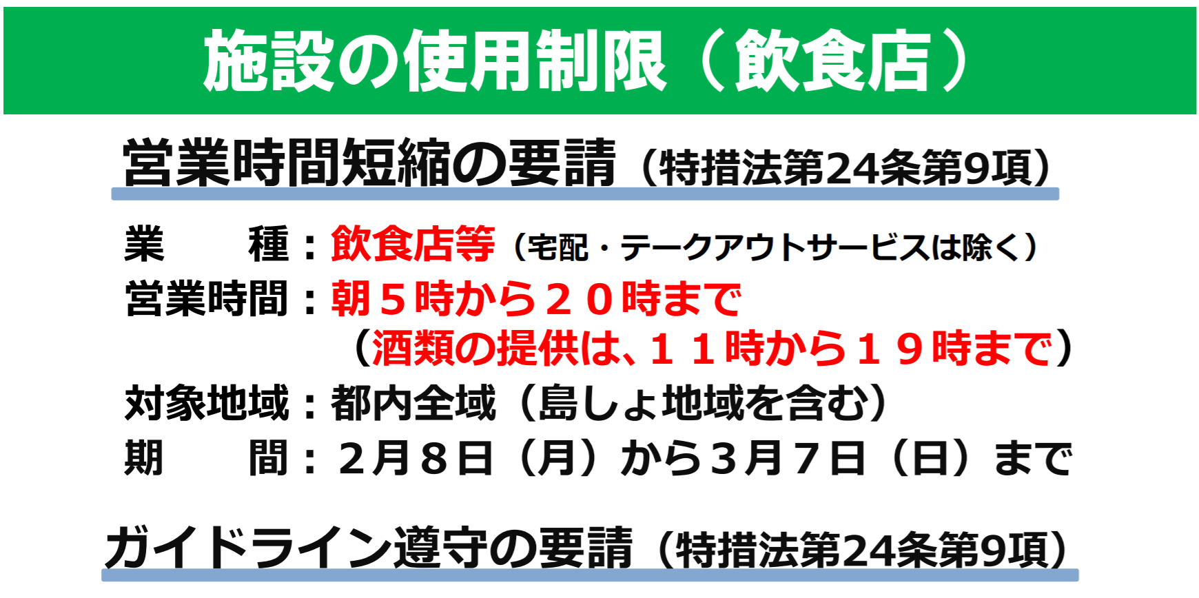 ট ইট র 東京都庁広報課 営業時間短縮の延長について 事業者の皆様は 引き続き 営業時間短縮 にご協力をお願いします 業種 飲食店等 宅配 テークアウト除く 営業時間 ５時 20時まで 酒類提供は11時 19時まで 対象 都内全域 島しょ