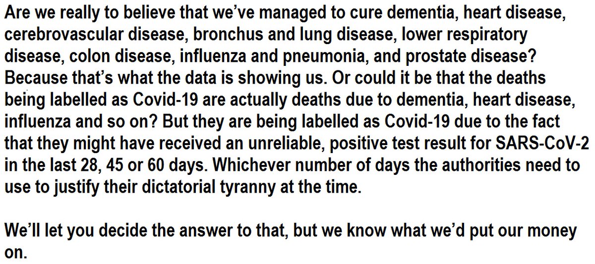 5) "Are we really to believe that we’ve managed to cure dementia, heart disease, cerebrovascular disease, bronchus and lung disease, lower respiratory disease, colon disease, influenza and pneumonia, and prostate disease?"  https://dailyexpose.co.uk/2021/01/30/investigation-100k-covid-deaths/