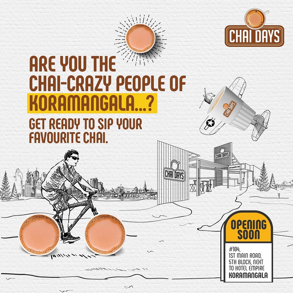 Make your day more memorable with drops of energy and happiness! Chai Days is getting more closer to you with our 4th outlet. Koramangala, get ready to have the most irresistible hot unique chais, favourite iced-teas, and appetizing snacks. 

#Chaidays #OpeningSoon