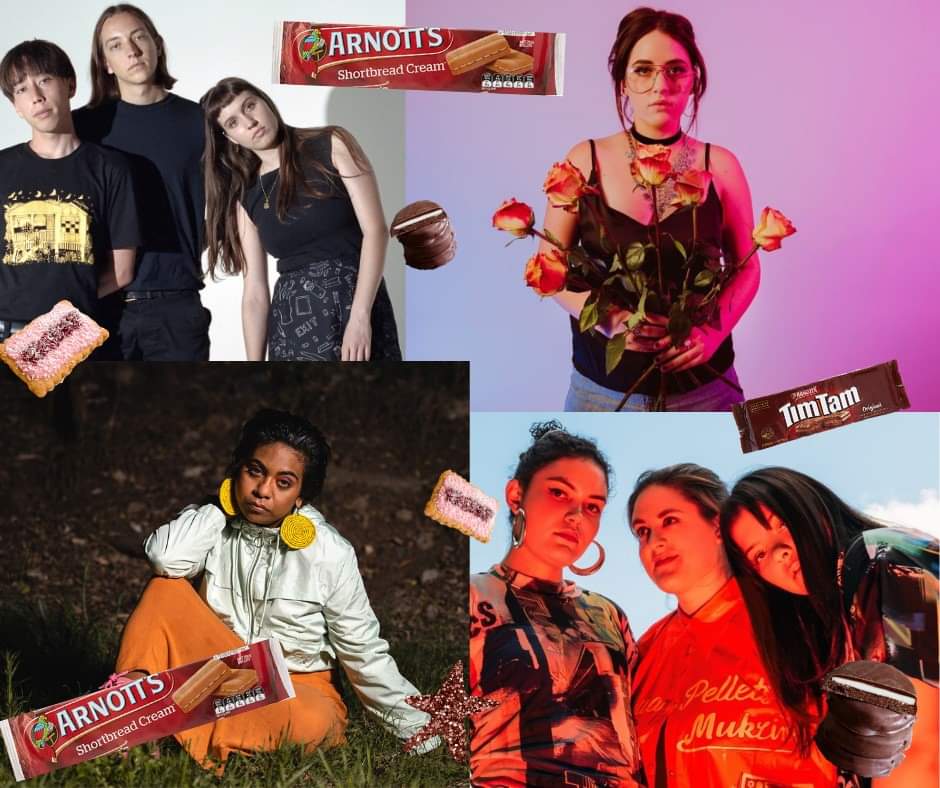 stoked to have interviewed @sweater_curse @emily_wurramara @pinkmatterband and @tiagostelow  ahead of their upcoming sets at A CARRY 4 COINS 2021 this Friday. 

tune in to hear about it all, but most importantly... what's the best biscuit? 🍪👻