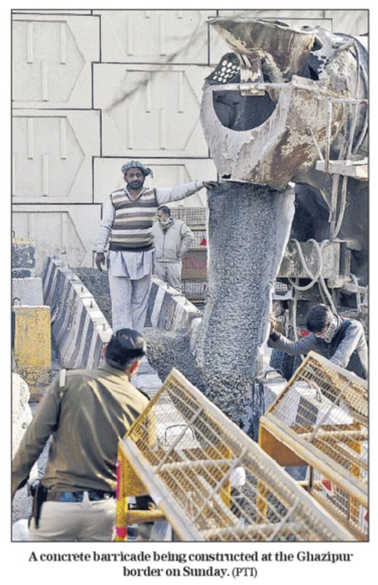 Tractor2twitr's tweet photo. Can the #ModiGovt answer why:
1. the internet has been shut down for more than a week now at all farmer protest sites?
2. Why water tankers, emergency vehicles, food supplies are not allowed to cross?
3. Why concrete walls have been erected on Delhi borders?

#FarmersProtest https://t.co/rWjNIP7utM