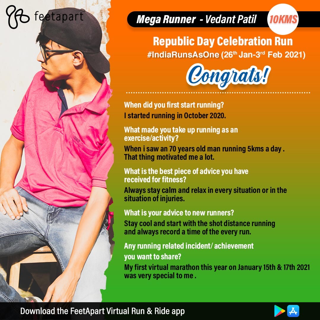 FeetApartHealth's tweet photo. Congratulations Vedant Patil🏃‍♀️🏃‍♂️😊
Way to go👏
#megarunner #runner #runkibaat #runnersofinstagram #fitindia #fitnessmotivation #fitnessjourney #inspiration  #wellness #virtualrun #stayfit https://t.co/HGoGbFQzZk