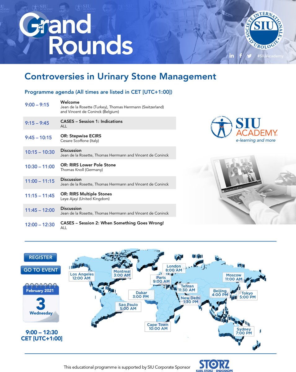 We are now live on #SIUAcademy with the #eGrandRounds on Controversies in Urinary Stone Management! See what is in store with this introduction from Drs Jean de la Rosette, <a href="/trwherrmann/">Thomas RW Herrmann</a> &amp; <a href="/vdconinck/">Vincent De Coninck</a> ow.ly/o2As50Dp9PI