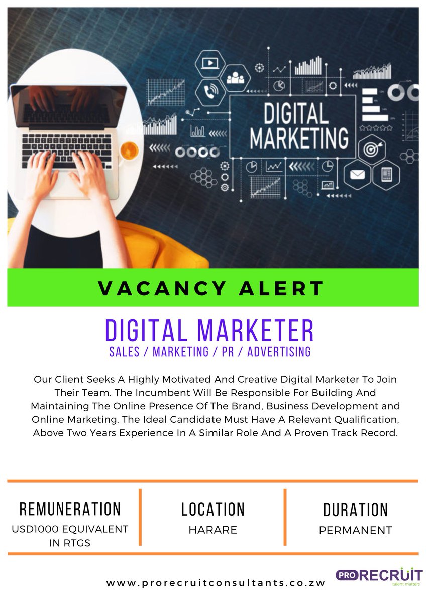 The month of love is only exciting for those with reliable income. 

Join the pack by applying for this role.

Digital Marketer
Location: Harare
Salary: USD1000 Equivalent in RTGS

To view more details and apply, click here prorecruitconsultants.co.zw/jobs/522/digit…

#SmartRecruiting #FebJobs