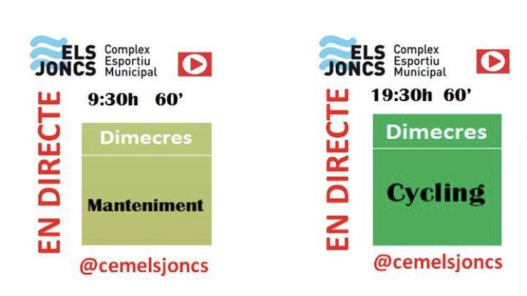 CemelsJoncs's tweet photo. Bon dia. Avui et portem, a les 9:30 h, una sessió de Manteniment per començar el dia amb força i, a les 19:30 h, una de Cycling per activar-te i cremar intensament. T'esperem en uns minuts! https://t.co/27MZtwktAb