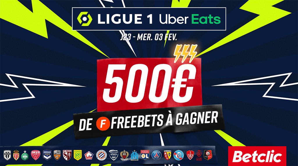 Betclic's tweet photo. 🔥 On vous régale aujourd'hui ! Combien de buts seront marqués pour cette 23ème journée de @Ligue1UberEats ?

20 x 25€ de Freebets à gagner 🤑

👉 Follow + RT + ton prono avec #FreebetBetclic pour participer https://t.co/njbFS4dDe0