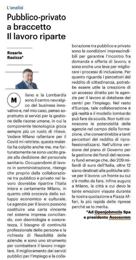 Da dove dovrebbe ripartire il #lavoro? Dalla collaborazione tra pubblico e privato. E in questo le #APL possono svolgere un ruolo determinante. Il nostro Presidente <a href="/rasizza/">Rosario Rasizza</a>  spiega perché su <a href="/qn_giorno/">Il Giorno</a> 👉ilgiorno.it/milano/cronaca…