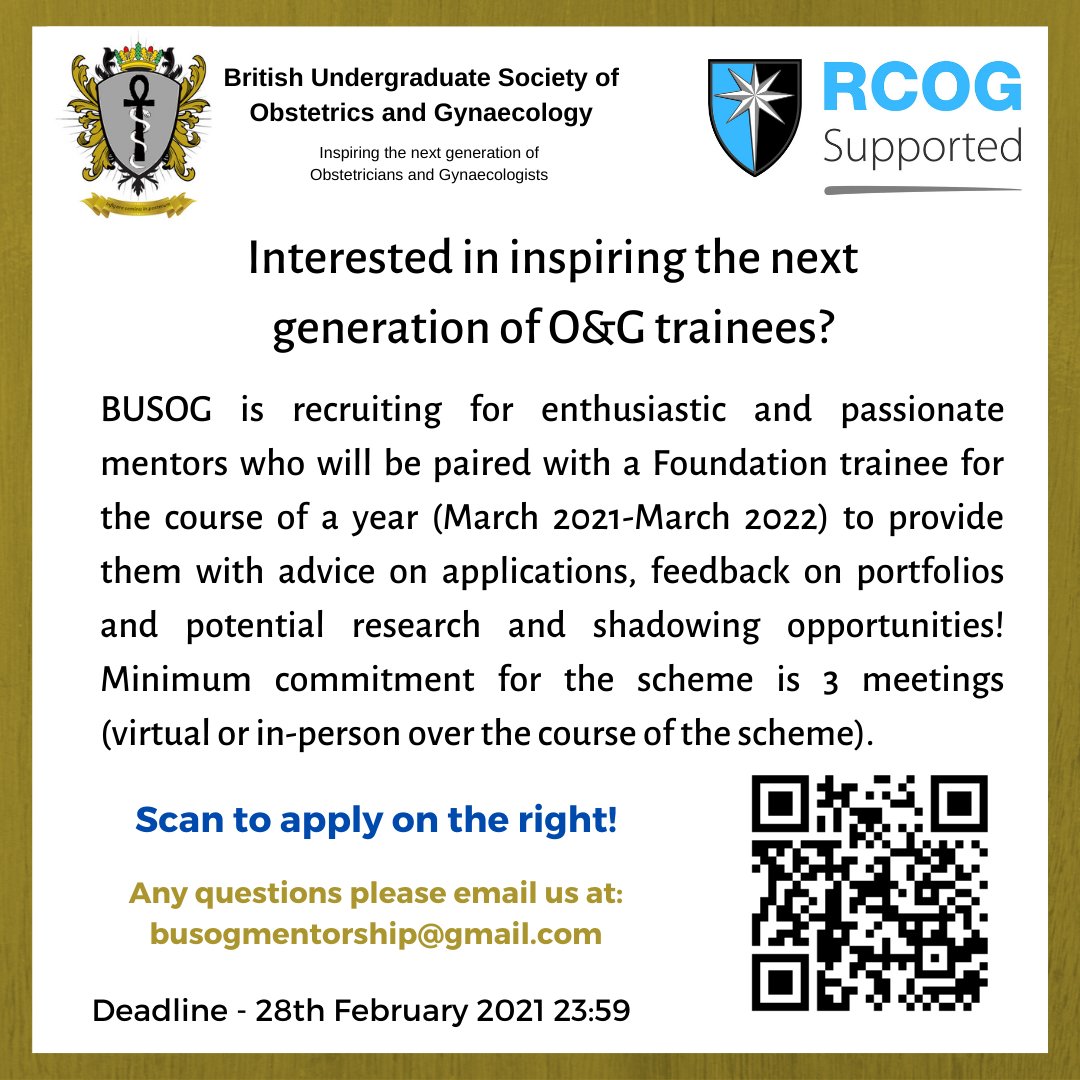 TheBUSOG's tweet photo. 1/ Are you currently an O&G trainee? Interested in inspiring the next generation of trainees?
BUSOG is recruiting for enthusiastic & passionate mentors who will be paired with a Foundation trainee for the course of a year (Mar 21 onwards).
Please retweet and share! #thebusog https://t.co/UOdRg1gKXm