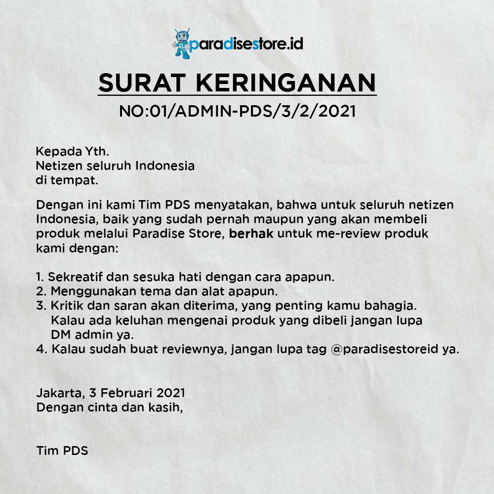 Pengumuman!
Jadi, Tim PDS gak keberatan kalo kamu bikin review pembelian dari Paradise Store nih! :D review produknya dan jangan lupa untuk tag Paradise Store yaaa ;)

#ParadiseStoreid