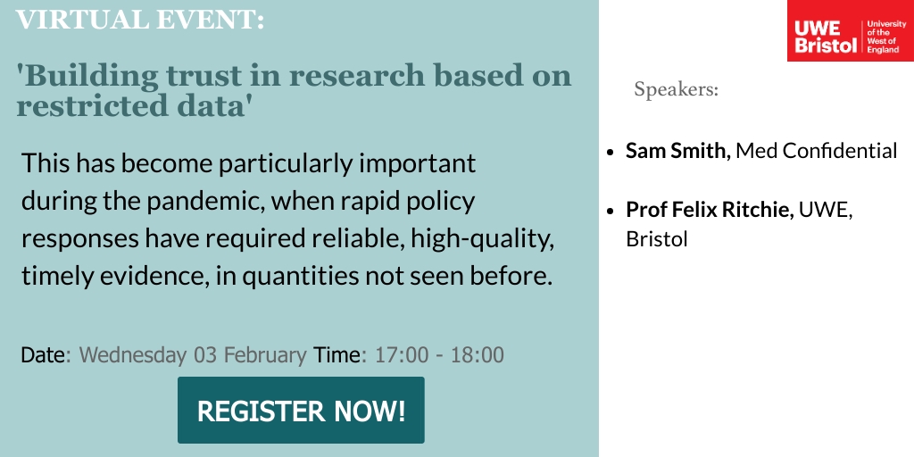 UWE DRAGoN Group (@uwe_dragn) on Twitter photo Join us TODAY at 5pm for an hour's seminar on 'Building Trust in Research based on restricted data'
Direct link to seminar is: bit.ly/2O3G9Tl
@felix_ritchie <a href="/UWEPhilosophy/">UWE Philosophy Community</a> <a href="/fra_tava/">Francesco Tava</a> <a href="/lizSgreen/">Lizzie Green</a> Join us TODAY at 5pm for an hour's seminar on 'Building Trust in Research based on restricted data'
Direct link to seminar is: bit.ly/2O3G9Tl
@felix_ritchie <a href="/UWEPhilosophy/">UWE Philosophy Community</a> <a href="/fra_tava/">Francesco Tava</a> <a href="/lizSgreen/">Lizzie Green</a>