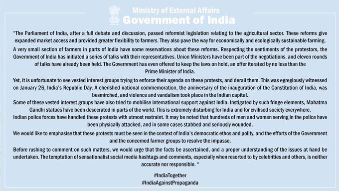 Even after the Indian Parliament passing the #FarmLaws in a Democratic way, if few Anti-Indian groups &amp; individuals have an issue, they are the PROBLEM.
However, India is not going to tolerate this malicious propaganda.

#IndiaTogether
#IndiaAgainstPropaganda