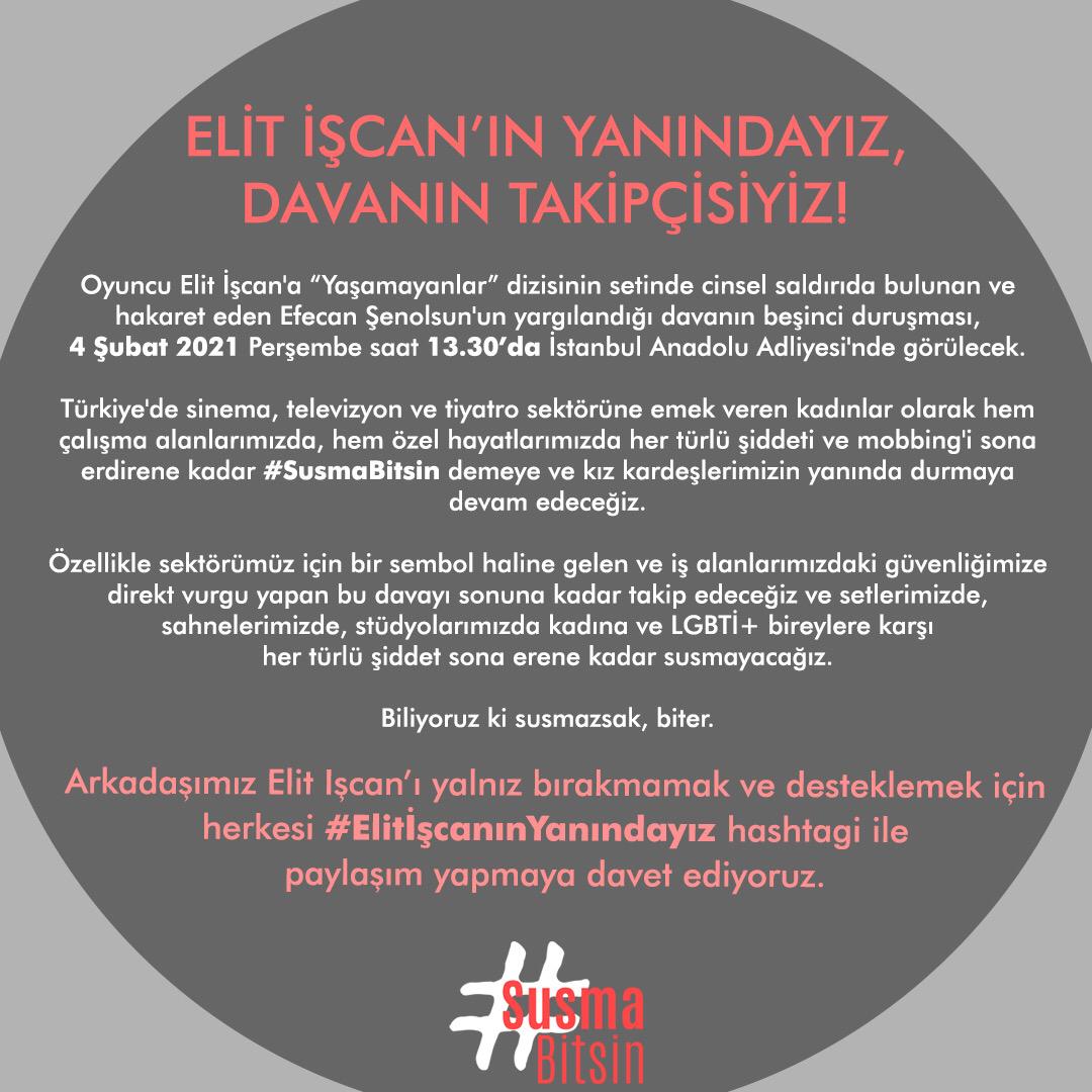 KBGuclu's tweet photo. #ElitİşcanınYanındayız 
Yarın saat 13:30'da İstanbul Anadolu Adliyesi'nde görülecek olan duruşmaya, davanın takipçisi olmaya çağırıyoruz. #SusmaBitsin https://t.co/wlGdv4wbvJ
