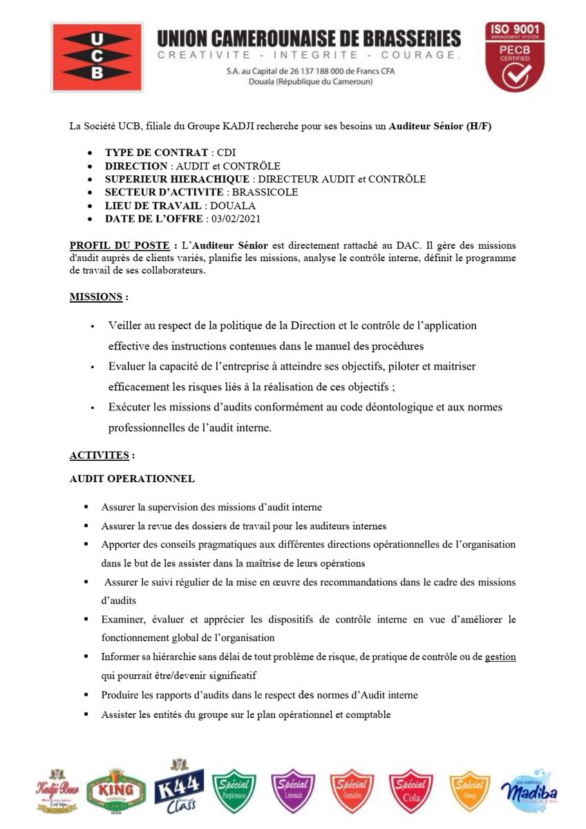 groupekadji's tweet photo. UCB - Offre d'emploi : Auditeur Sénior (H/F)

Pour postuler : recrutement@sa-ucb.com

Date limite de recevabilité des candidatures : 25/02/2021

Préciser le poste en objet. #UCB #KADJIGROUP https://t.co/JRxXMeKIon
