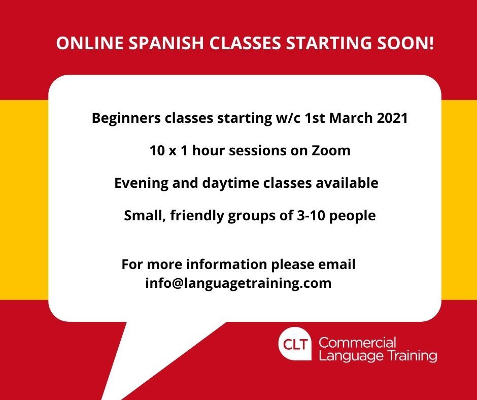 CLTLtd's tweet photo. Always wanted to learn Spanish? Join our online beginner Spanish classes starting soon. Small groups of 3-10 people. Email us for more information on info@languagetraining.com #learnspanish #onlineclasses #spanishclasses #groupspanishclasses #LockdownLearning https://t.co/LOU8NMKpEz