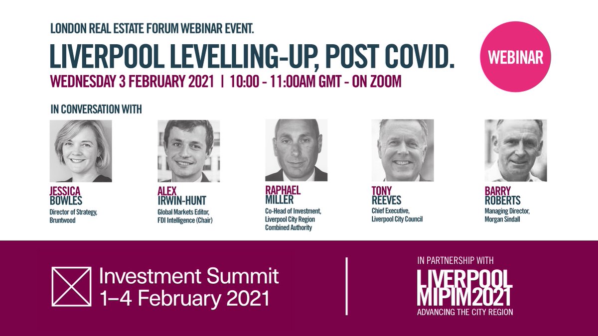 investliverpool's tweet photo. ONE HOUR TO GO! #LREF2021 '#LIVERPOOL LEVELLING-UP, POST #COVID' event. 3 Feb. 10-11am.
@lpoolcouncil CEO Tony Reeves
@Bruntwood_UK Director @jessicacb10 @LpoolCityRegion Raphael Miller @morgansindall MD, Barry Roberts & @fDiIntelligence @EconomicsAlex
https://t.co/vQ71ztT5Ex https://t.co/xuNNIypO3L