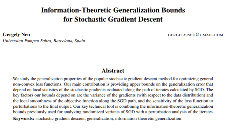 MYSTERY: why does SGD generalize well? My new paper may provide some answers: a perturbation analysis identifies three factors that contribute to good generalization. "Flatness" is one of them.(And yes, the analysis is information-theoretic.) https://arxiv.org/abs/2102.00931&nbsp;1/