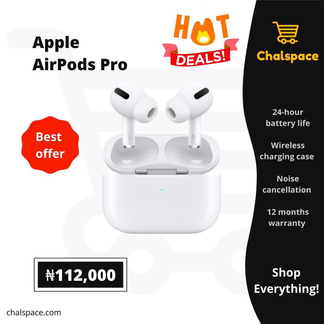 chalspace's tweet image. The Apple AirPods Pro comes with best-in-class noise cancellation and long last battery. 

Get yours today by sending a DM or visiting Chalspace.com