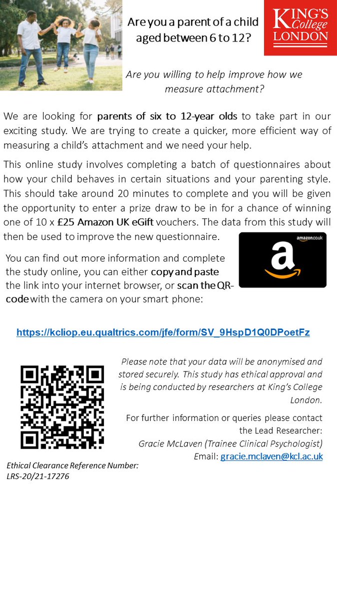 *Recruiting for my doctorate research* 
We are looking for parents of children aged between 6 to 12 years old to take part in a short research study. The aim of the research is to develop an innovative parent attachment screening tool. For more info:
kcliop.eu.qualtrics.com/jfe/form/SV_9H…