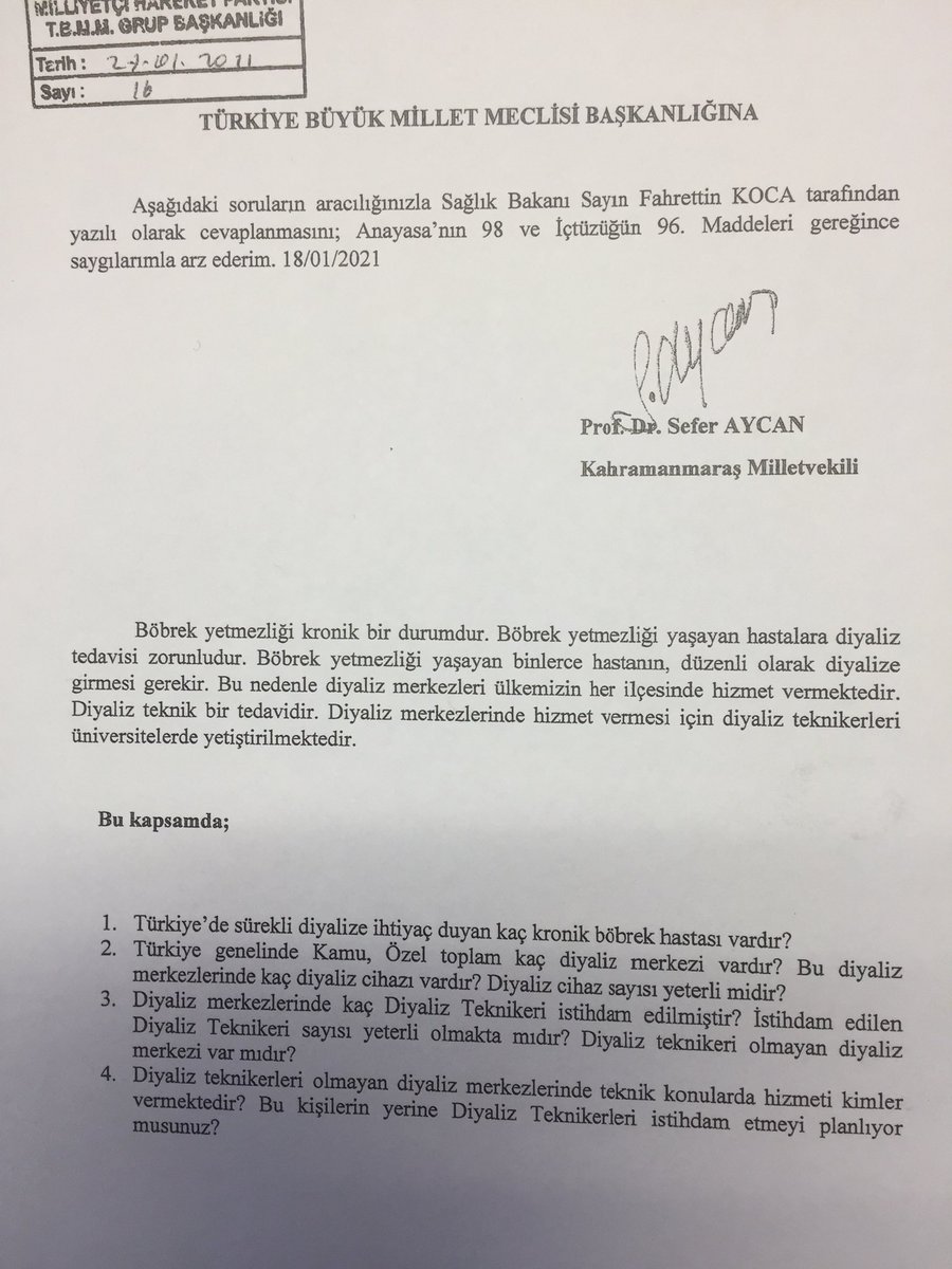 Türkiye’de böbrek yetmezliği olanlar,bunların tedavi gördüğü diyaliz cihazları ve merkezleri ile diyaliz merkezinde çalışanların durumunu Sayın Sağlık Bakanına  sorduk. #BöbrekYetmezliği  #DiyalizTeknikerleri