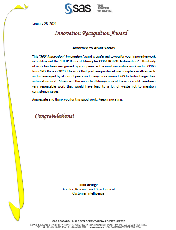 ankitjnyadav's tweet image. Excited to share that we have won #Innovation award.
Glad to see our #Automation using @robotframework has been awarded &amp;amp; our team has been benefited greatly by this!

#SAS #RobotFramework #TestAutomation #CI #CD