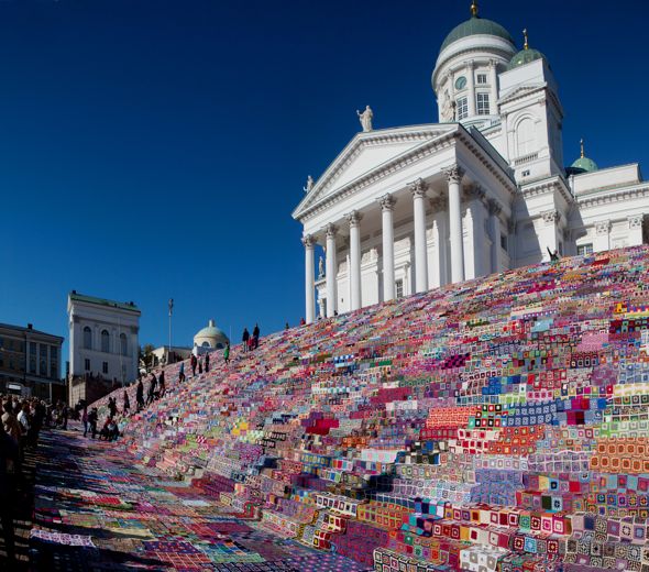 Yarn bombing the steps of Helsinki's Cathedral #womensart