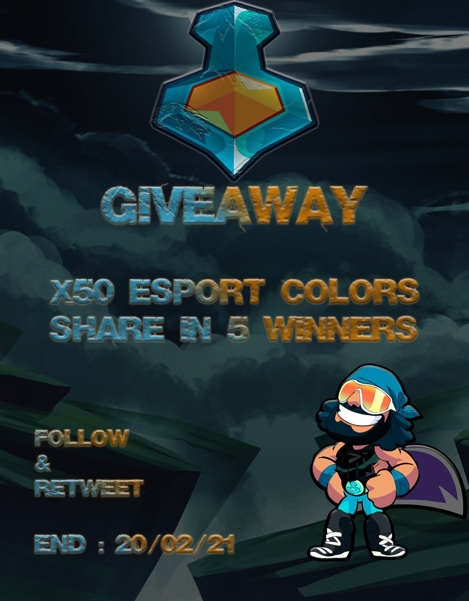 SpectreBH's tweet photo. 🥳Giveaway of 50 Esport Colors share in 5 winners, to participate: 🥳

-Follow me 
-Retweet the post 

End 20/02/21 

😇 I'll announce the winners in post twitter 😇

🤞 Good luck everyone 🤞
#Brawlhalla #esportscolors #Giveaway https://t.co/BXRkpT1rRg
