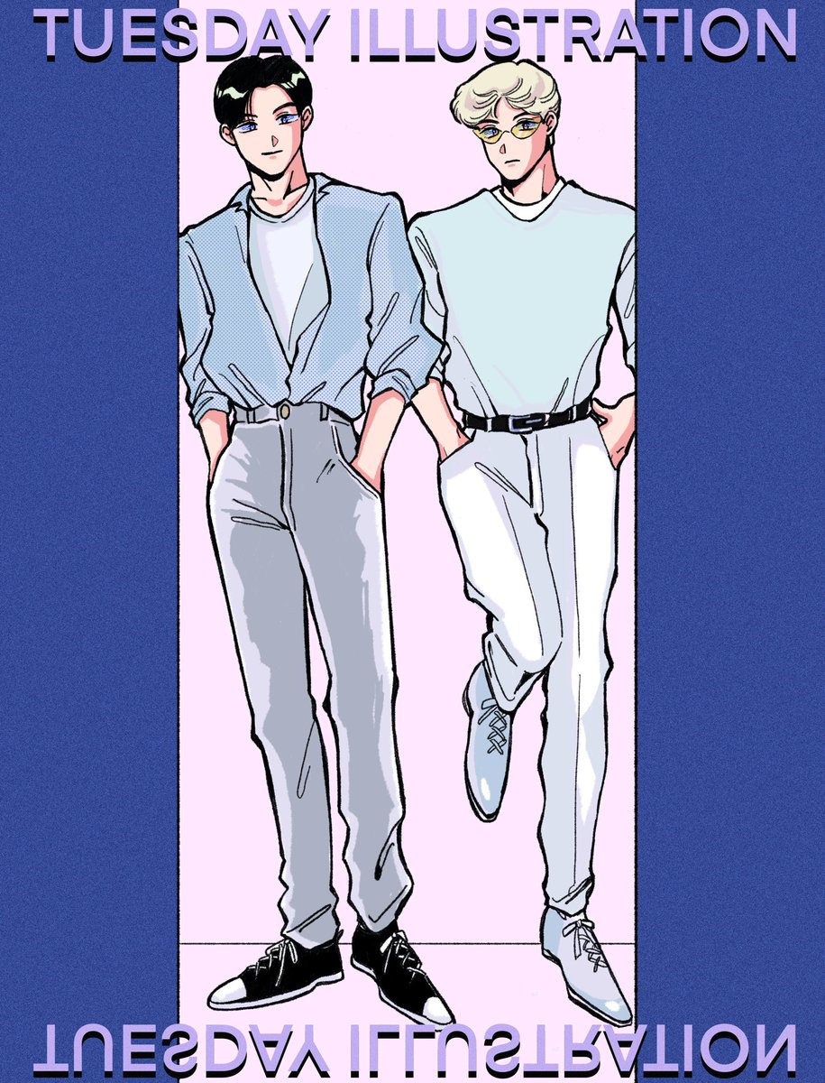multiple boys 2boys black hair hands in pockets male focus blonde hair pants  illustration images