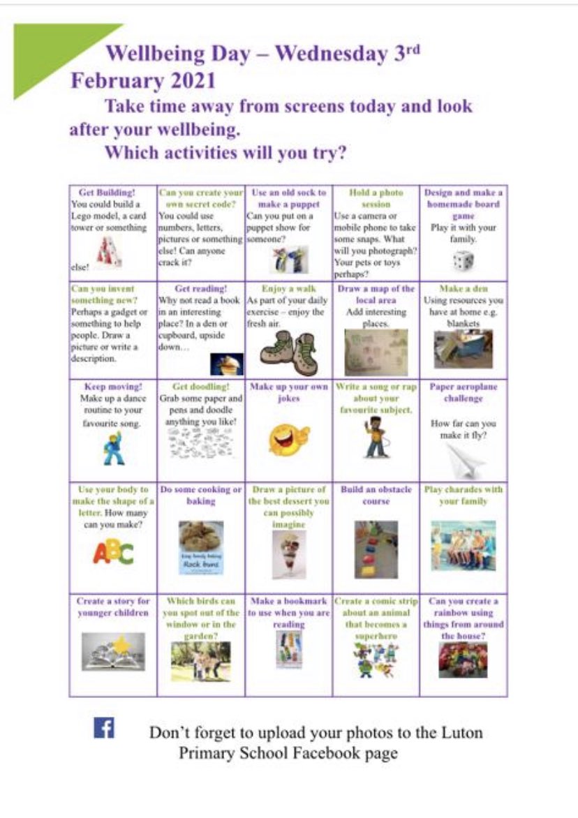 LutonPrimary's tweet photo. Today we are having a screen free day across the school in celebration of Children’s Mental Health Week. Here are some ideas of things that you and your child/ren could do to have some fun! Have a great day!#childrensmentalhealth #lutonprimary https://t.co/t8f8y9q58Q