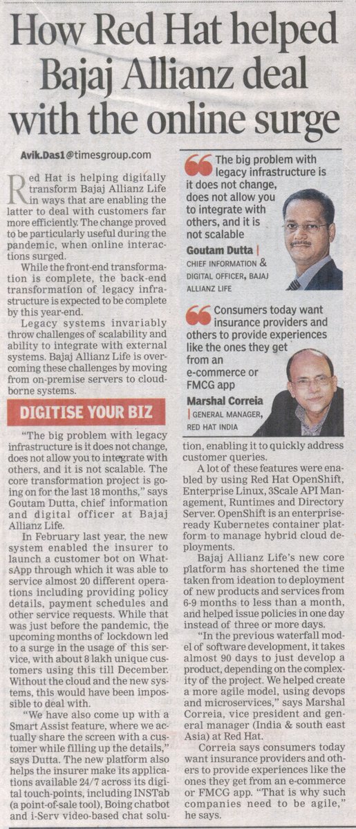 In an exclusive interaction with @avikdasTOI,Bajaj Allianz Life shares how Red Hat technology supported them transform digitally&amp;manage customer experience efficiently especially during the surge in online interactions in Pandemic.<a href="/timestechies/">Times Techies by TOI</a> 
#OpenSource #DigitalTransformation