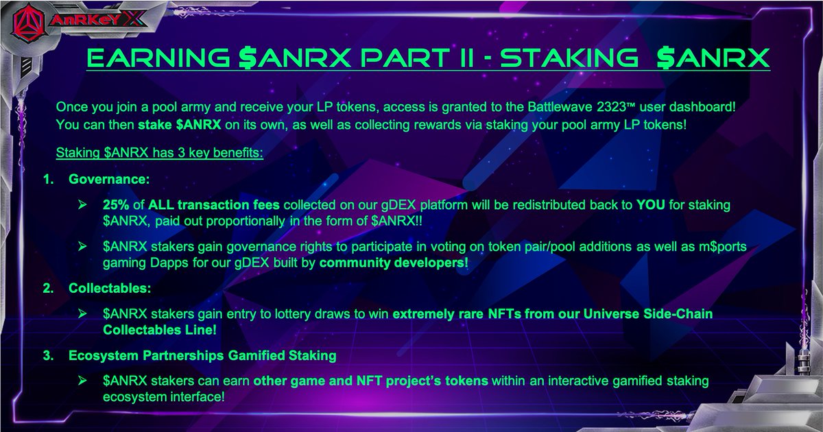 AnRKeyX's tweet photo. 🚨 Read PART II of our series on how users EARN rewards on our gDEX platform!🚨 

🔥 We give our community members MANY benefits for staking $ANRX directly on the Battle Wave 2323 user dashboard!! 

🔥 The more $ANRX you buy and stake, the HIGHER your rewards!

Read below!  👇 https://t.co/MOY7l9nNJr