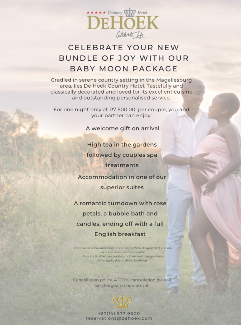 Spoil yourself before the arrival of your newborn with the Baby Moon Package at <a href="/DeHoek/">DeHoek Country Hotel</a> 🤰👨‍🍼Call +27 (14) 577 9610 0r email reservations@dehoek.com to book your stay with us and celebrate new life! #babymoon #getaway #pregnancy