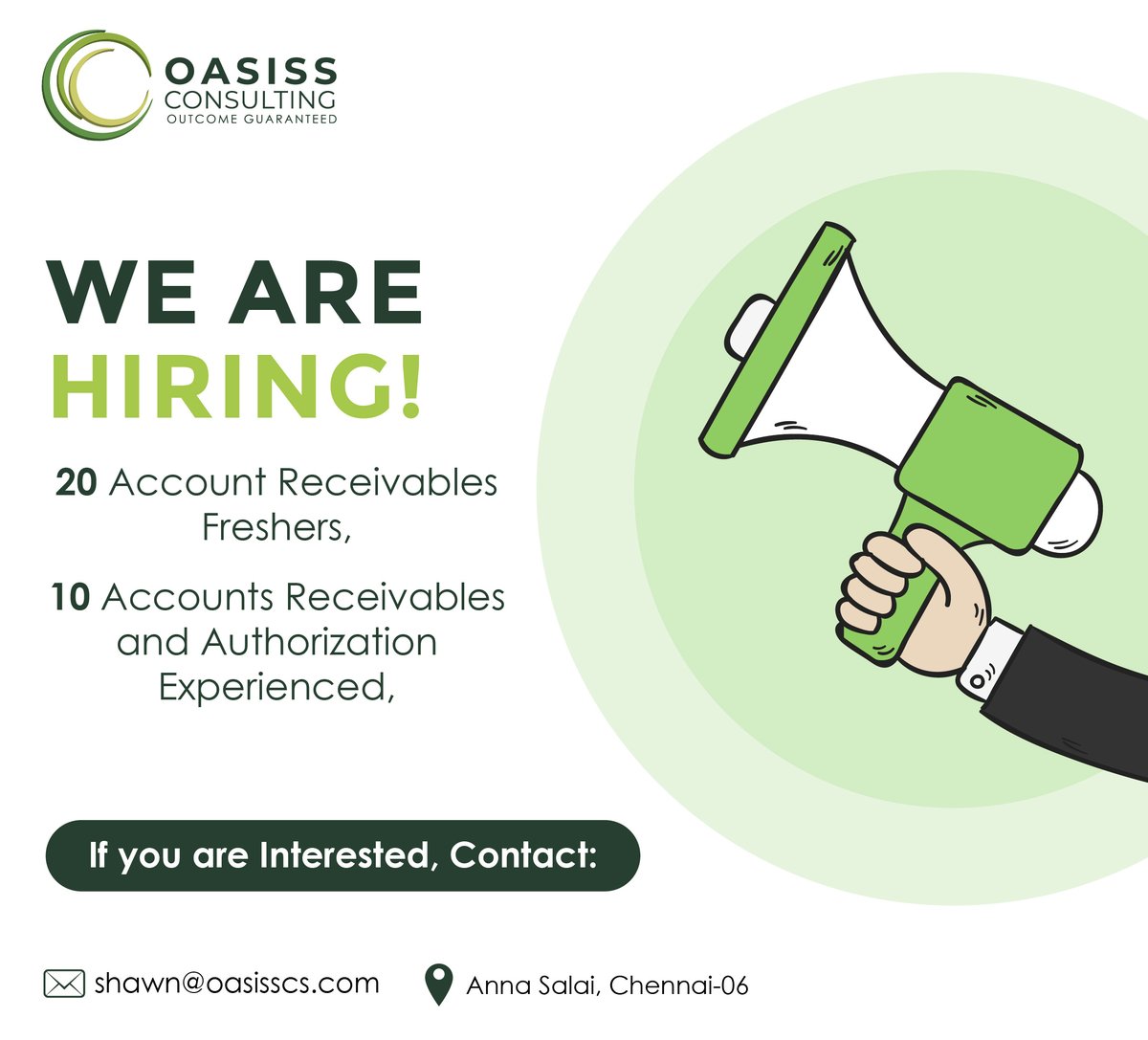 We are #Hiring immediately !
Position: AR &amp; Authorization Candidates with #Oasissconsulting at Chennai. Any Degree - Both Male / Female Salary: Based on Experience &amp; Performance Good Communication Skills Immediate Joiners are preferred 
Mode: Work from Office #jobopening #Billers