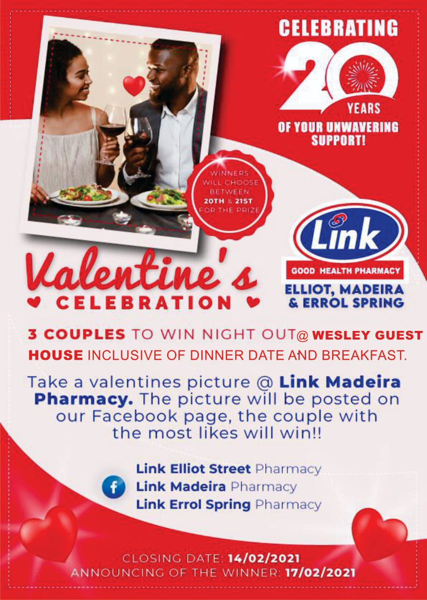 ElliotLink's tweet photo. Love is in the air this Valentines at Link Elliot Madeira Errol Spring Pharmacies❤💝..Competition officially launched yesterday 
#20YearsCebrations #LoveMonth https://t.co/BfzrO2q3AO https://t.co/t7xAznPrDa