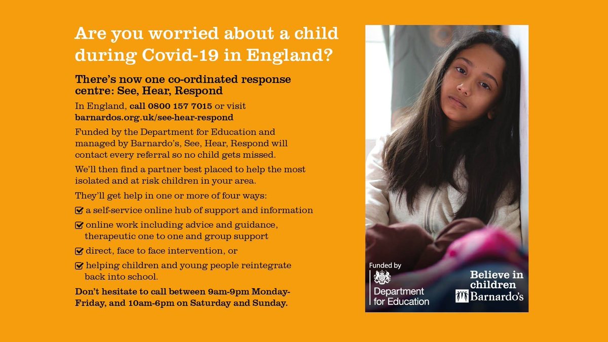 Has life changed since COVID-19? #SeeHearRespond can help. We can support you or your family around school, mental health & more. Contact @barnardos 0800 157 7015 or contact referrals@newground.co.uk Find out more: orlo.uk/SeeHearRespond… #ChildrensMentalHealthWeek