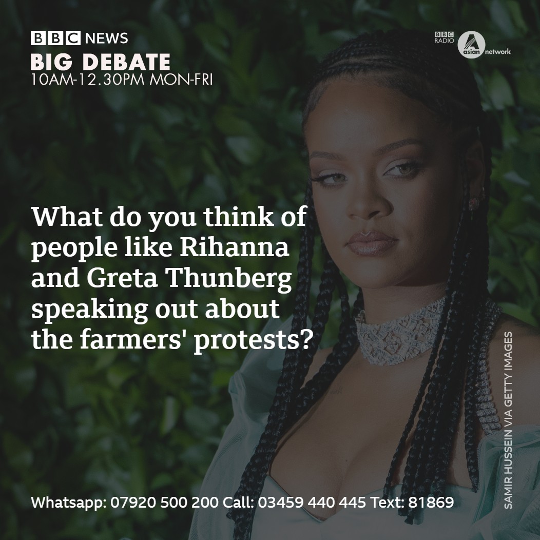 Rihanna and other celebrities have tweeted their support for farmers in India, drawing global attention to the protests. The Indian government has accused them of "sensationalism". What impact do you think this will have?

Listen to the Big Debate show: bbc.in/3jcDq5k