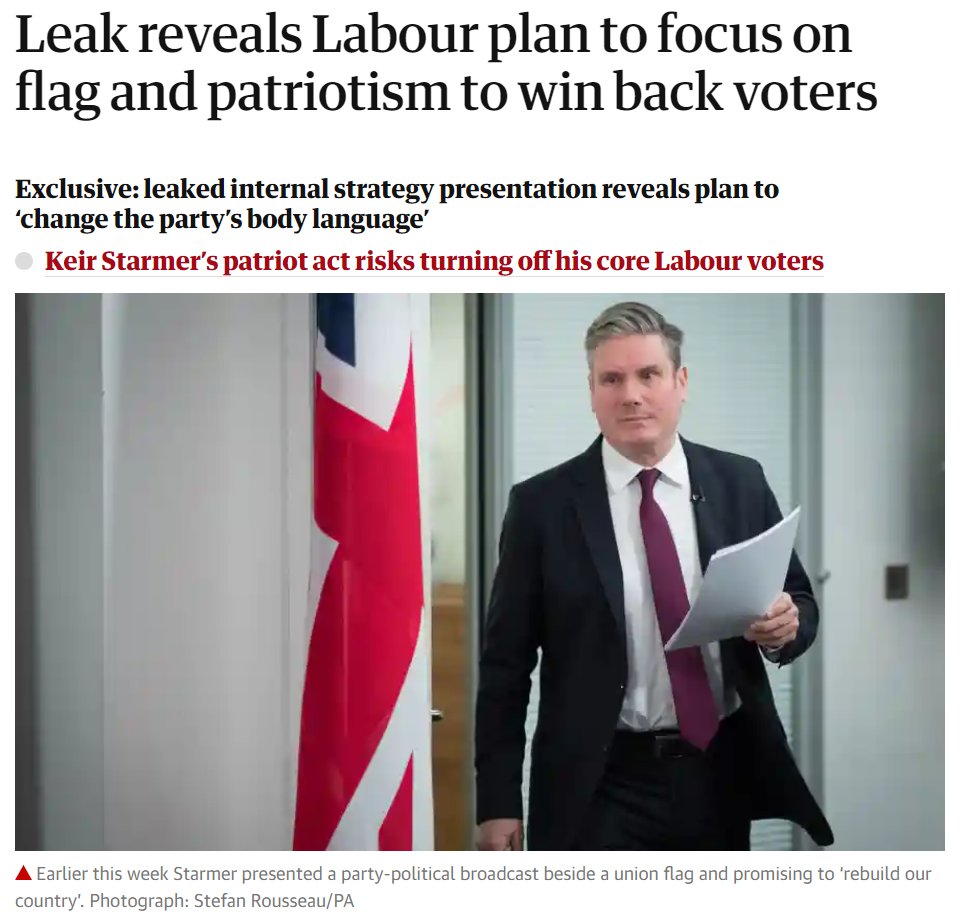Leaked plans revealed that the Labour party leadership are seeking to 'rebrand' the party along 'patriotic' lines. With Starmer's approval ratings falling, the right think that cloaking themselves in Union flag bunting will win back the 'red wall'. [A THREAD]Image:  @guardian