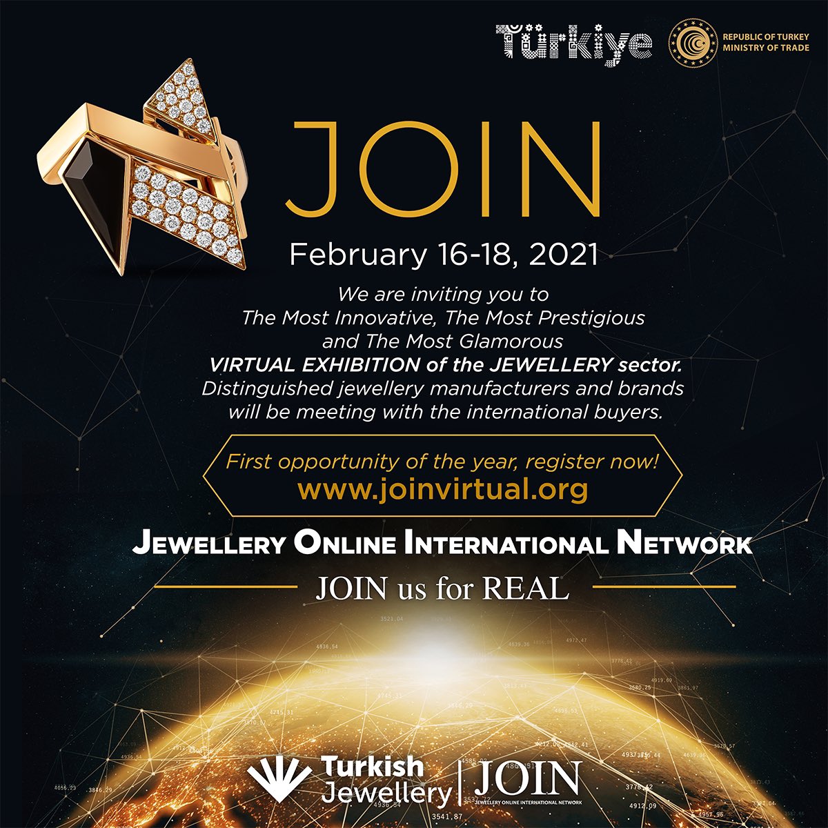 JOIN: Jewellery Online International Network, taking place from February 16-18, 2021, will enable distinguished Turkish jewellery manufacturers and brands to meet with international buyers. Register: joinvirtual.org #jewellery #goldjewellery #digitaltrading @JTR_Birlik