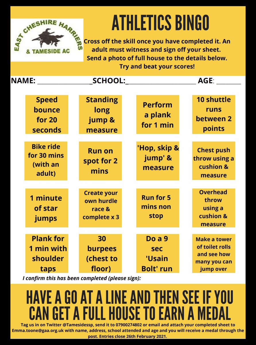 Have you seen our sporting challenge bingo cards? 3 launched this week, 3 after half term. Complete one and get a medal- get all 6 and receive a School Games badge!