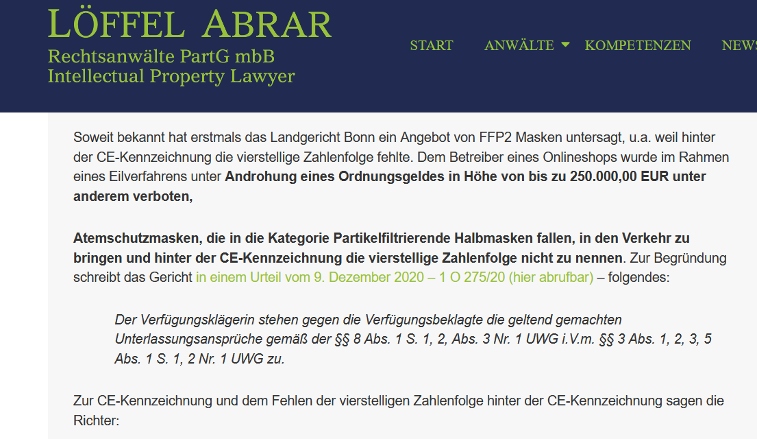 Loeffel_Abrar's tweet photo. Landgericht Bonn verbietet im Eilverfahren den wettbewerbswidrigen Verkauf von FFP2-Masken, u.a. weil die vierstellige Nr. hinter CE fehlte. 

Az. 1 O 275/20 https://t.co/h6jBgtAX46

@s_laoutoumai @chralex2020 @JoachimJahn @CBudras  @thorsten_winter @BreunGoerke @heiko_duenkel https://t.co/fHmj07LxaE