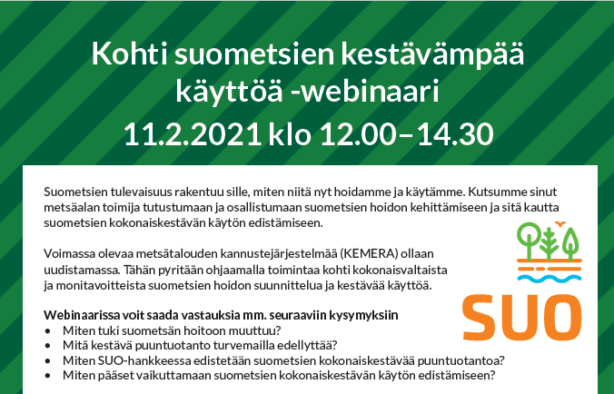 metsakeskus's tweet photo. Kohti suometsien kestävämpää käyttöä -webinaari metsäalan toimijoille 11.2. Ilmoittautumisen yhteydessä on mahdollisuus esittää ennakkokysymyksiä. Ilmoittaudu mukaan 9.2.2021 mennessä: https://t.co/OT7M6NtT2K #suometsät #puuntuotanto #kokonaiskestävyys https://t.co/6TIdQ7fhtY