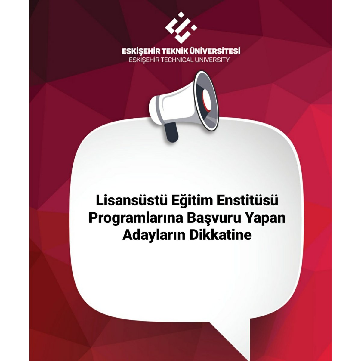 2020-2021 akademik yılı Bahar Dönemi lisansüstü programlara başvuru yapan adaylar arasından mülakat sınavına gireceklerin listesi ve başvuru sonuçları Lisansüstü Eğitim Enstitüsü lee.eskisehir.edu.tr web sayfasında duyurulacaktır. 
Önemle duyurulur. 
.
#estü