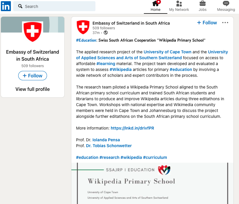 Tobias Schonwetter (@tobyschonwetter) on Twitter photo The Embassy of <a href="/Switzerland_SA/">Switzerland in South Africa</a> just posted a reminder about the exciting Wikipedia Primary School Project with our team <a href="/UctLaw/">UCT Law School</a> & <a href="/supsi_ch/">SUPSI</a> in Switzerland to improve learning material access in primary education. Very fond memories: lnkd.in/drivfPR <a href="/AfricanIP/">UCT IP Unit</a> <a href="/iopensa/">Iolanda Pensa</a> The Embassy of <a href="/Switzerland_SA/">Switzerland in South Africa</a> just posted a reminder about the exciting Wikipedia Primary School Project with our team <a href="/UctLaw/">UCT Law School</a> & <a href="/supsi_ch/">SUPSI</a> in Switzerland to improve learning material access in primary education. Very fond memories: lnkd.in/drivfPR <a href="/AfricanIP/">UCT IP Unit</a> <a href="/iopensa/">Iolanda Pensa</a>