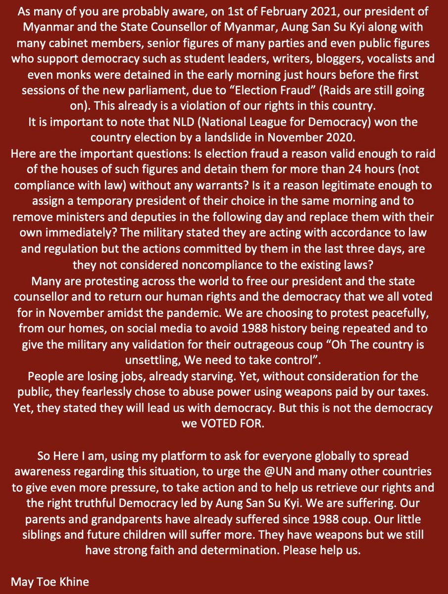 We’re fighting till the end. This will be a long journey 🙏🏼 Please don’t pray for us instead let the world know about this! #SaveMyanmar #SaveBurma #civildisobedience #RejectTheMilitary
#AungSanSuKyi_government