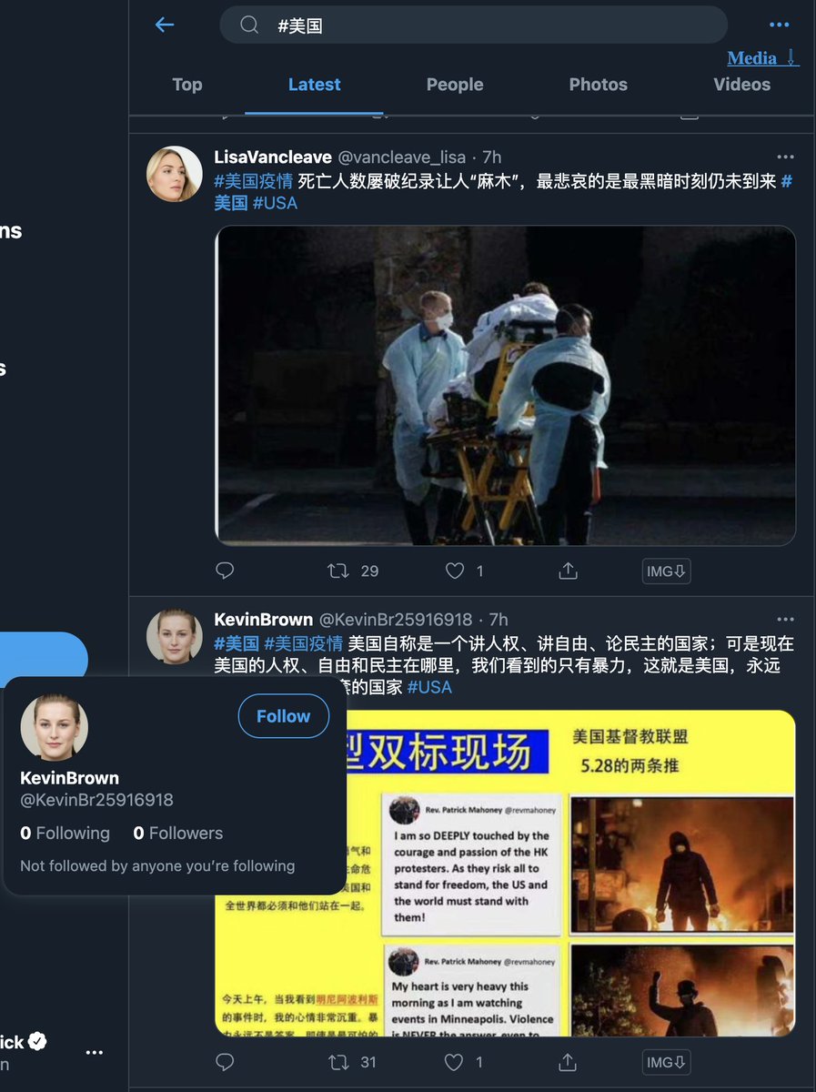 To be transparent, how did I come across this network? FIRST: I watch tags on  @TweetDeck. One of them is  #美国 (United States - according to Google Translate). THEN: Under that tag I identified a number of accounts I suspected of using GAN profile pics (see image below).